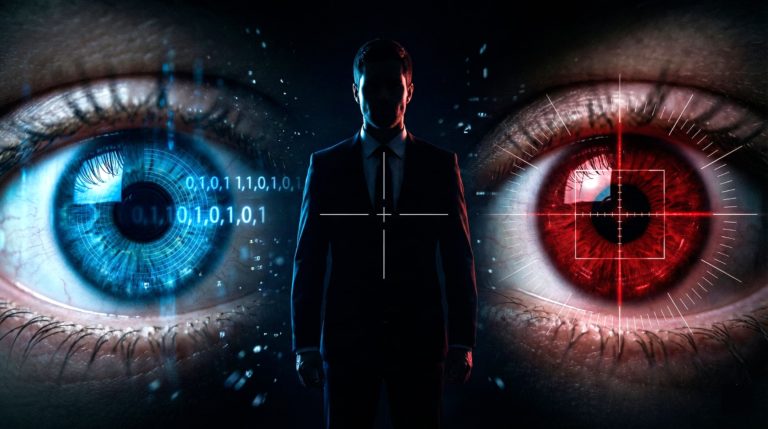 Silhouette di uomo sotto sorveglianza digitale con mirino sul petto, affiancato da un occhio blu con dati biometrici e un occhio rosso con target di puntamento, in stile cinematografico scuro.