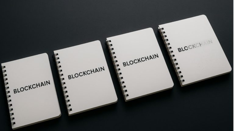 Quattro registri blockchain in sincronizzazione: il quarto mostra un nuovo blocco in formazione che si propaga agli altri nodi del registro distribuito