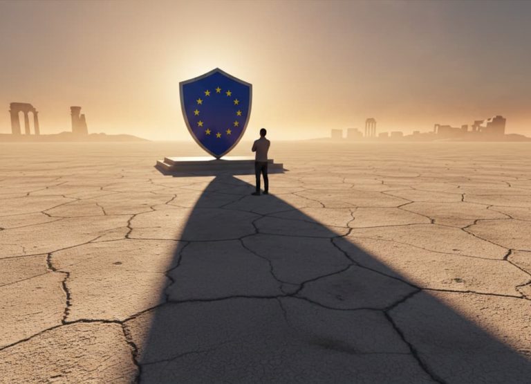 Uno scudo con la bandiera dell’Unione Europea proietta un’ombra lunga su una figura umana solitaria in un paesaggio arido, simbolo del potere istituzionale che oscura parte della realtà.