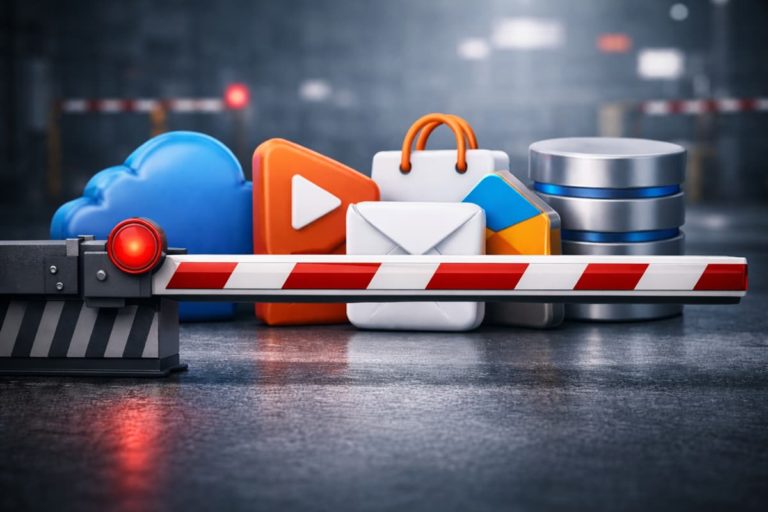 Illustrazione 3D di una sbarra da passaggio a livello abbassata che blocca un insieme di icone digitali stilizzate – cloud, messaggi, archiviazione dati e servizi online – ferme dietro il blocco, a rappresentare l’interruzione indiscriminata dei servizi Internet.