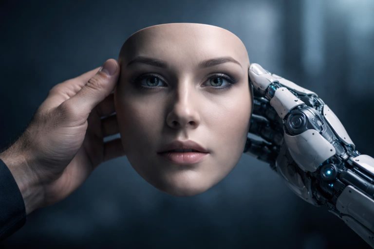 Un'immagine ravvicinata mostra una maschera iperrealistica del viso di una giovane donna con occhi chiari, tenuta delicatamente ai lati da due mani. A sinistra, una mano umana maschile tocca la tempia della maschera, mentre a destra, una complessa mano robotica bianca e articolata fa lo stesso. Lo sfondo è scuro e testurizzato, suggerendo un ambiente futuristico o di laboratorio. La scena evoca temi di intelligenza artificiale, umanità e tecnologia.