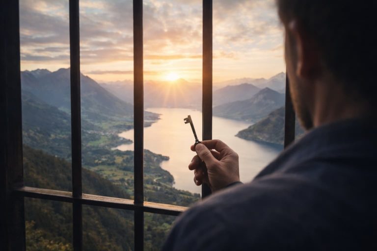 Una persona osserva un ampio paesaggio attraverso delle sbarre, tenendo in mano una chiave, simbolo della possibilità di distinguere e scegliere