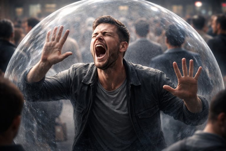 Uomo intrappolato in bolla trasparente urla mentre folla sfocata sullo sfondo - metafora censura algoritmica invisibile