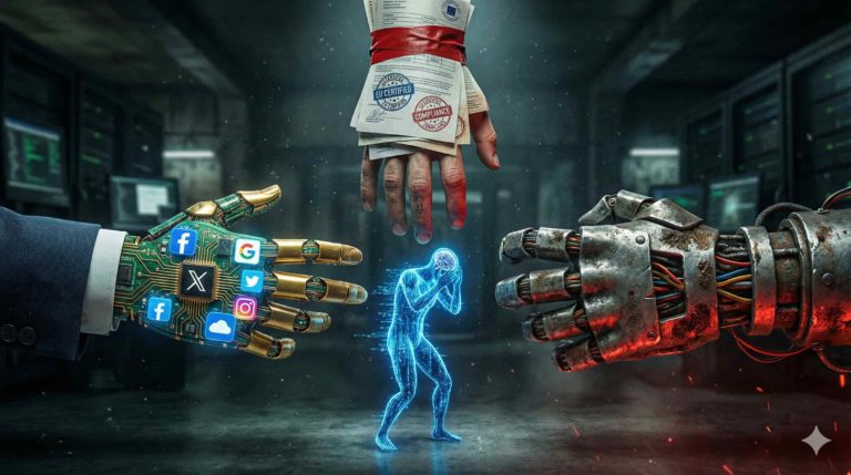 Rappresentazione concettuale dello "stallo alla messicana" geopolitico sull'IA: il capitalismo delle piattaforme USA (mano hi-tech), il dominio infrastrutturale cinese (mano meccanica) e la morsa burocratica europea (mano avvolta in carte bollate) convergono sul controllo dell'individuo, rappresentato come una fragile figura digitale al centro.