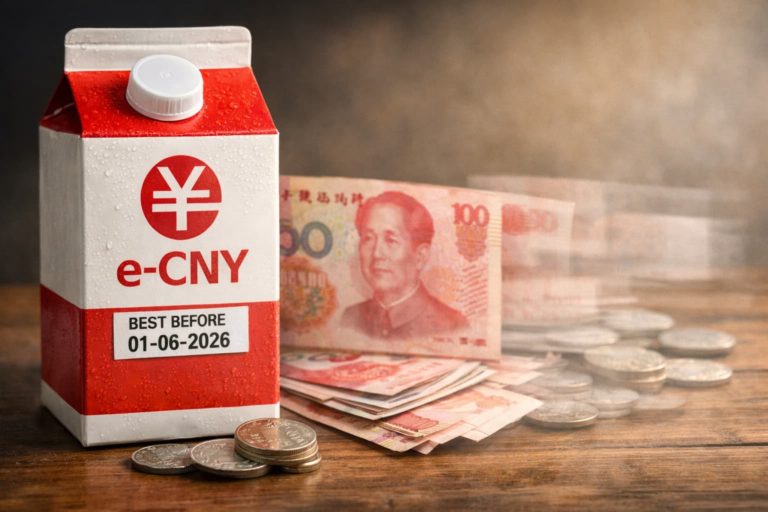 Cartone di latte con logo “e-CNY” e data “Best before 01-06-2026” accanto a banconote e monete cinesi che sfumano, a simboleggiare denaro digitale con scadenza e spendibilità condizionata.
